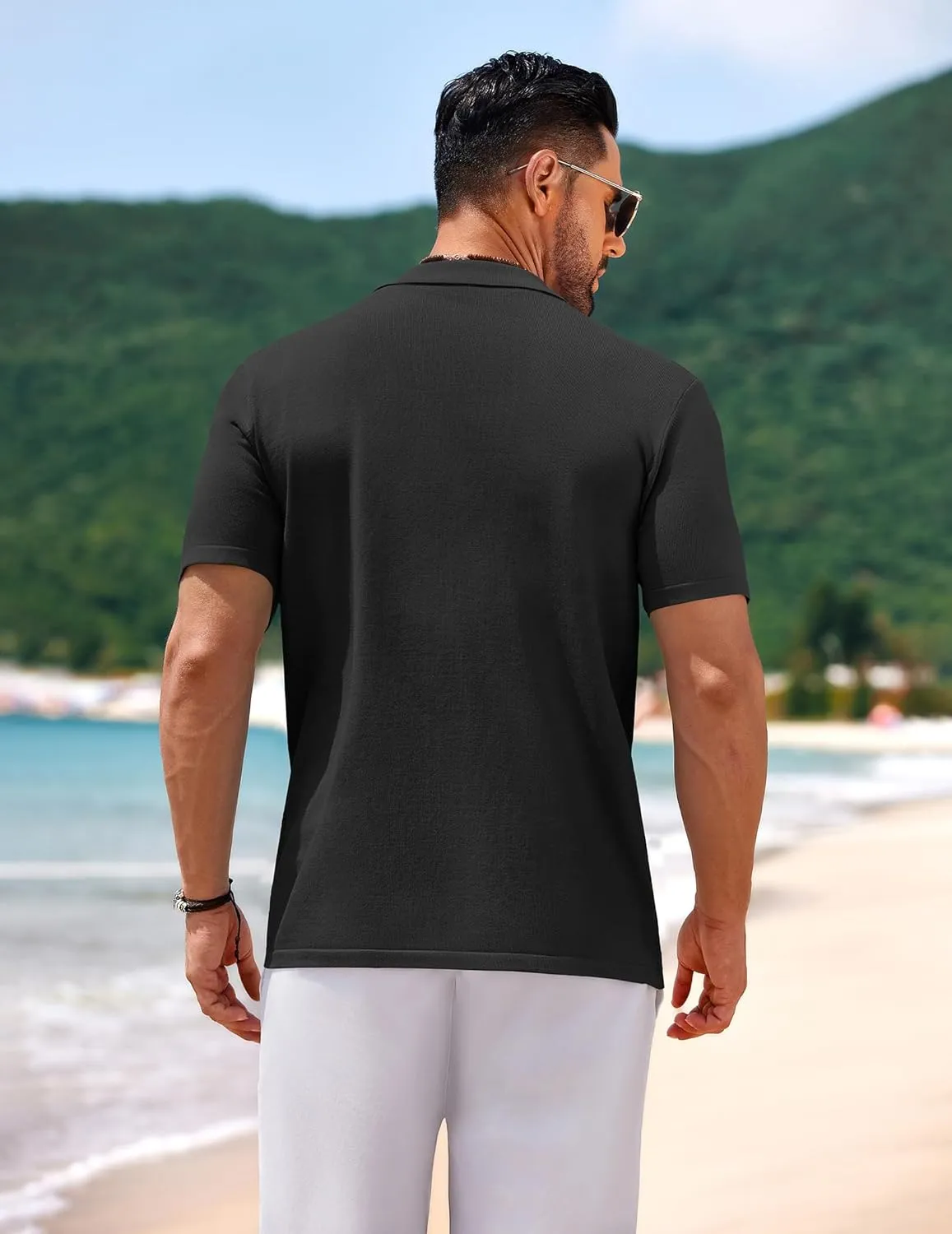 COOFANDY Mens Knit Short Sleeve Shirt Casual Button Down Shirt Vintage Fashion Polo Shirts Crochet Summer Beach Shirts