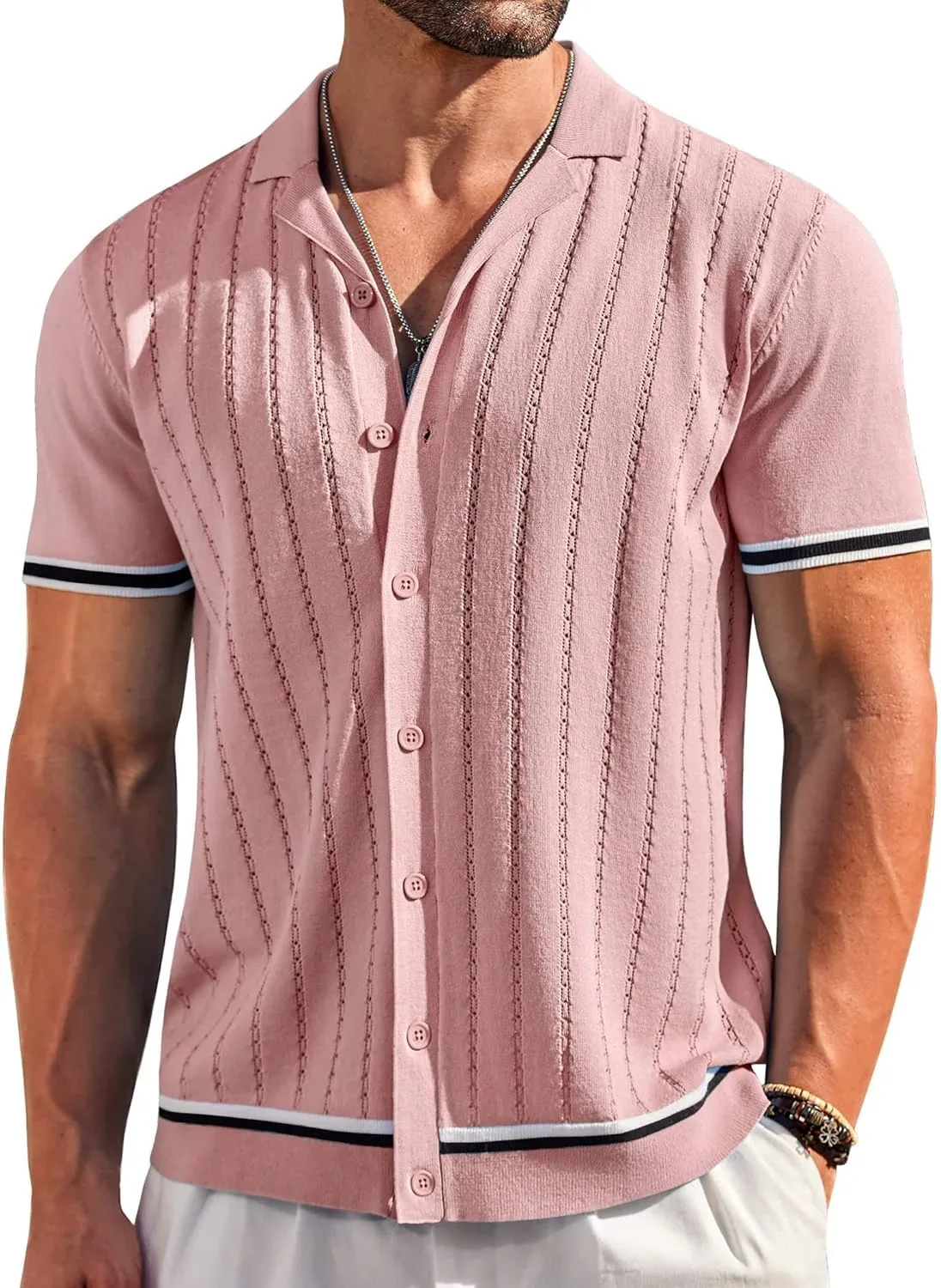COOFANDY Men's Short Sleeve Knit Shirt Casual Button Down Shirt Vintage Striped Knitted Golf Beach Tops