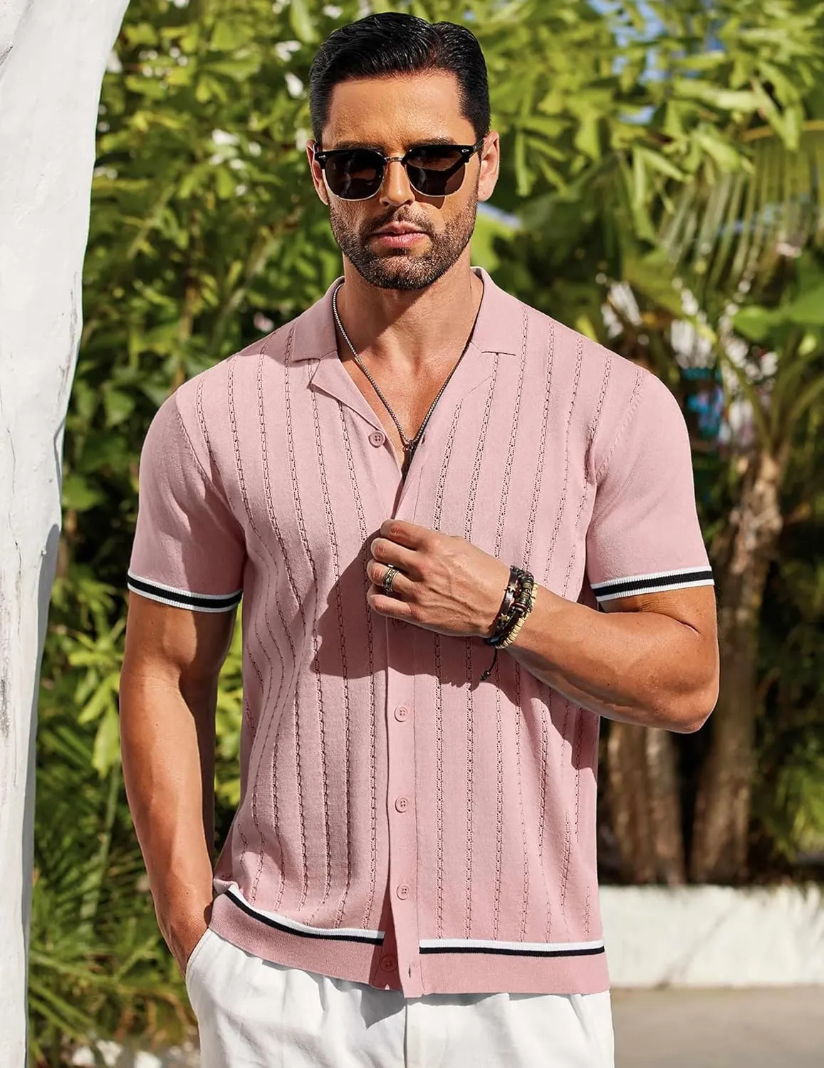 COOFANDY Men's Short Sleeve Knit Shirt Casual Button Down Shirt Vintage Striped Knitted Golf Beach Tops