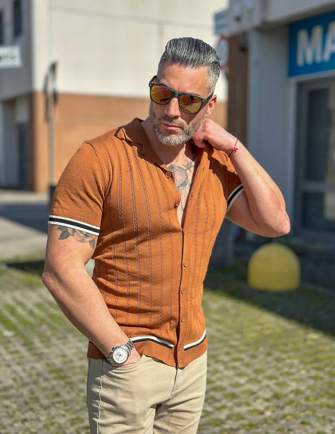 COOFANDY Men's Short Sleeve Knit Shirt Casual Button Down Shirt Vintage Striped Knitted Golf Beach Tops