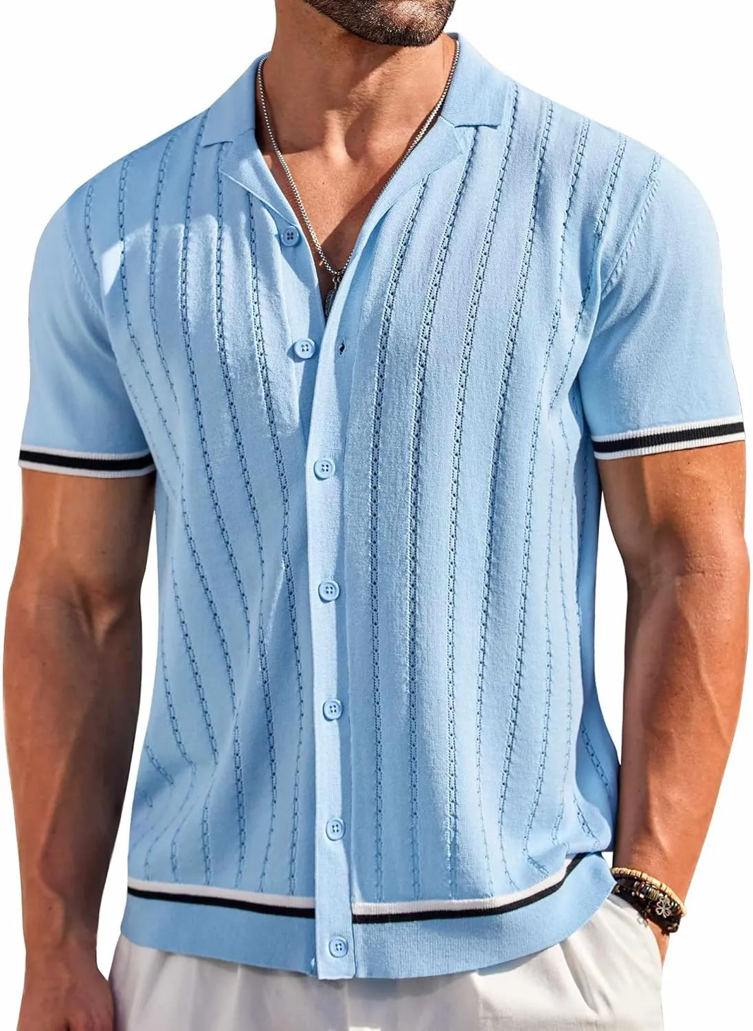 COOFANDY Men's Short Sleeve Knit Shirt Casual Button Down Shirt Vintage Striped Knitted Golf Beach Tops