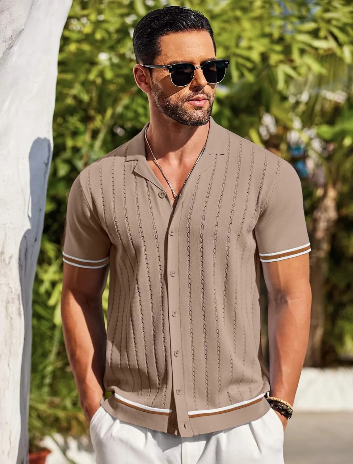 COOFANDY Men's Short Sleeve Knit Shirt Casual Button Down Shirt Vintage Striped Knitted Golf Beach Tops