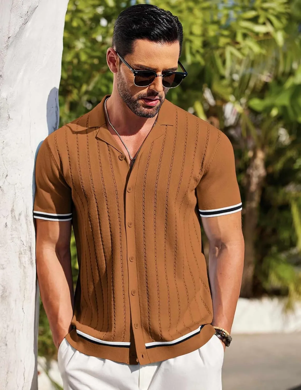 COOFANDY Men's Short Sleeve Knit Shirt Casual Button Down Shirt Vintage Striped Knitted Golf Beach Tops