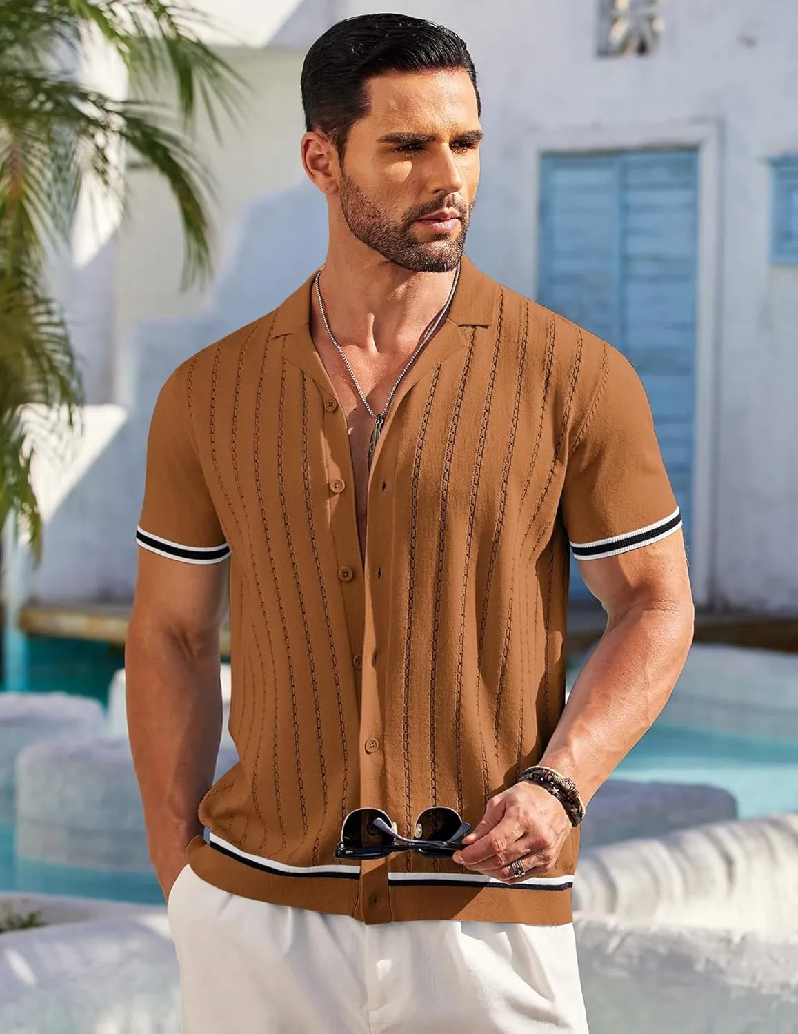 COOFANDY Men's Short Sleeve Knit Shirt Casual Button Down Shirt Vintage Striped Knitted Golf Beach Tops