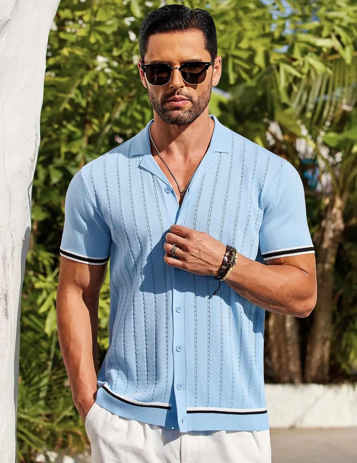COOFANDY Men's Short Sleeve Knit Shirt Casual Button Down Shirt Vintage Striped Knitted Golf Beach Tops
