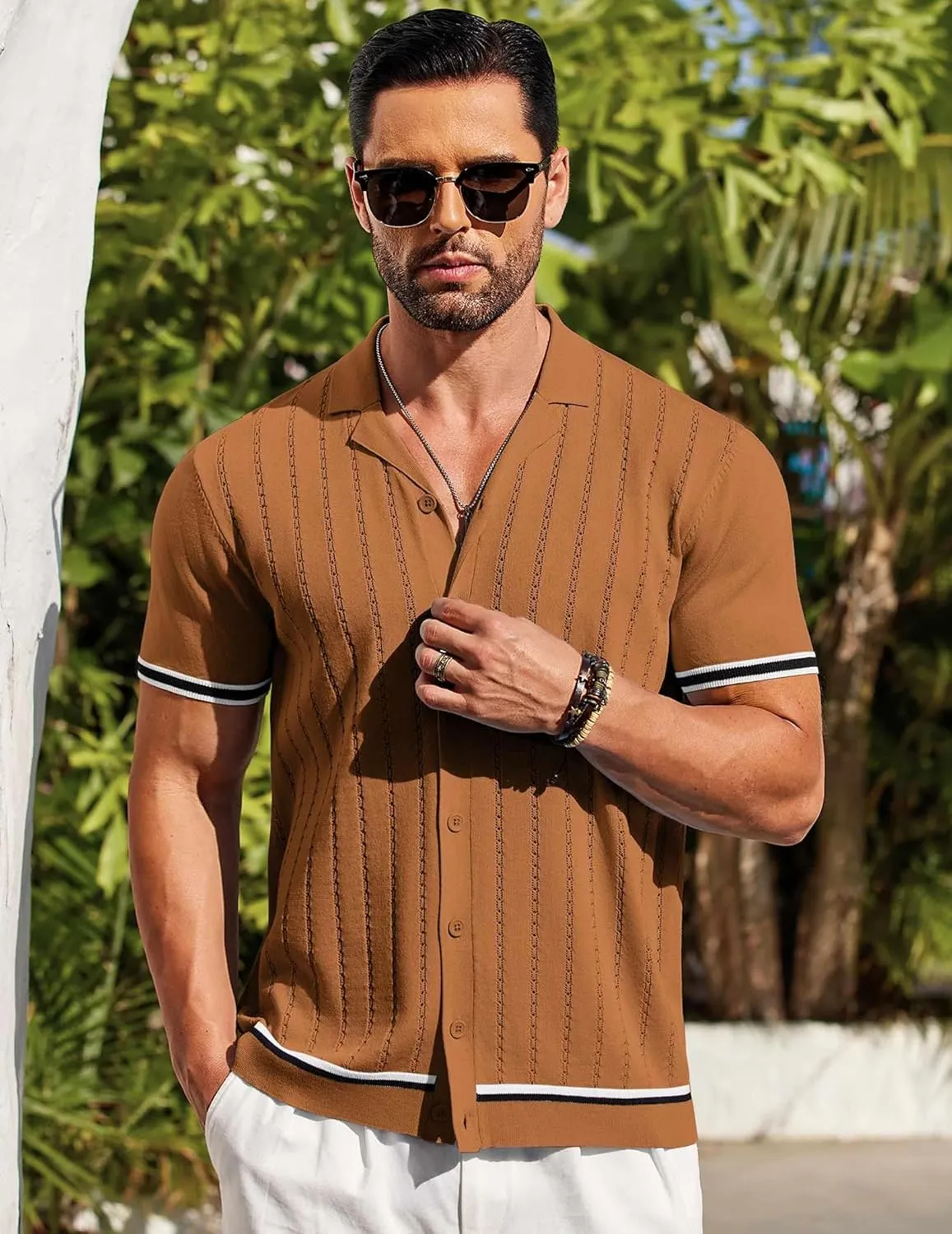 COOFANDY Men's Short Sleeve Knit Shirt Casual Button Down Shirt Vintage Striped Knitted Golf Beach Tops