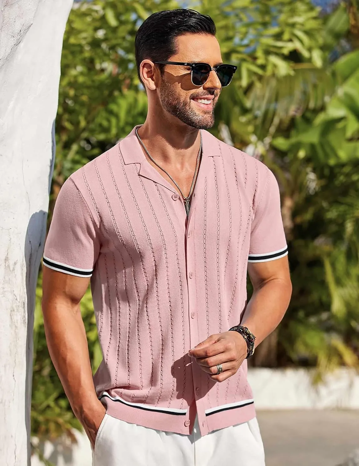 COOFANDY Men's Short Sleeve Knit Shirt Casual Button Down Shirt Vintage Striped Knitted Golf Beach Tops