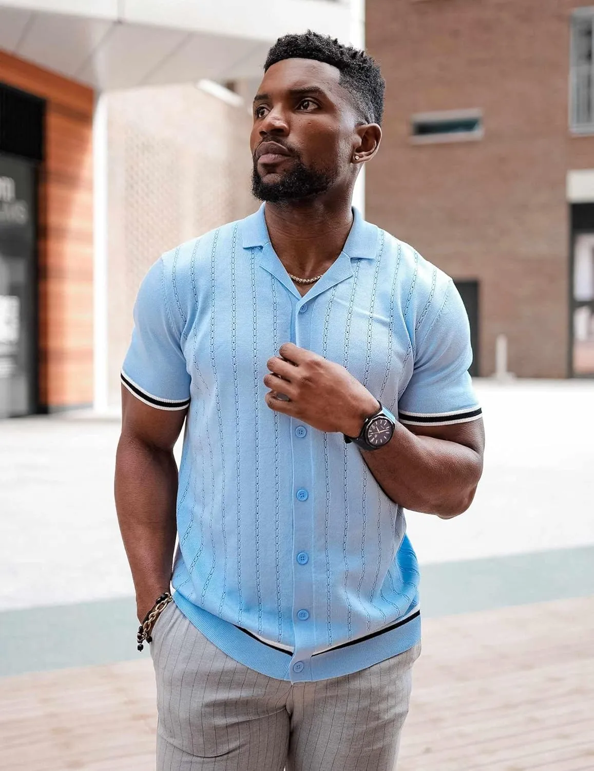 COOFANDY Men's Short Sleeve Knit Shirt Casual Button Down Shirt Vintage Striped Knitted Golf Beach Tops