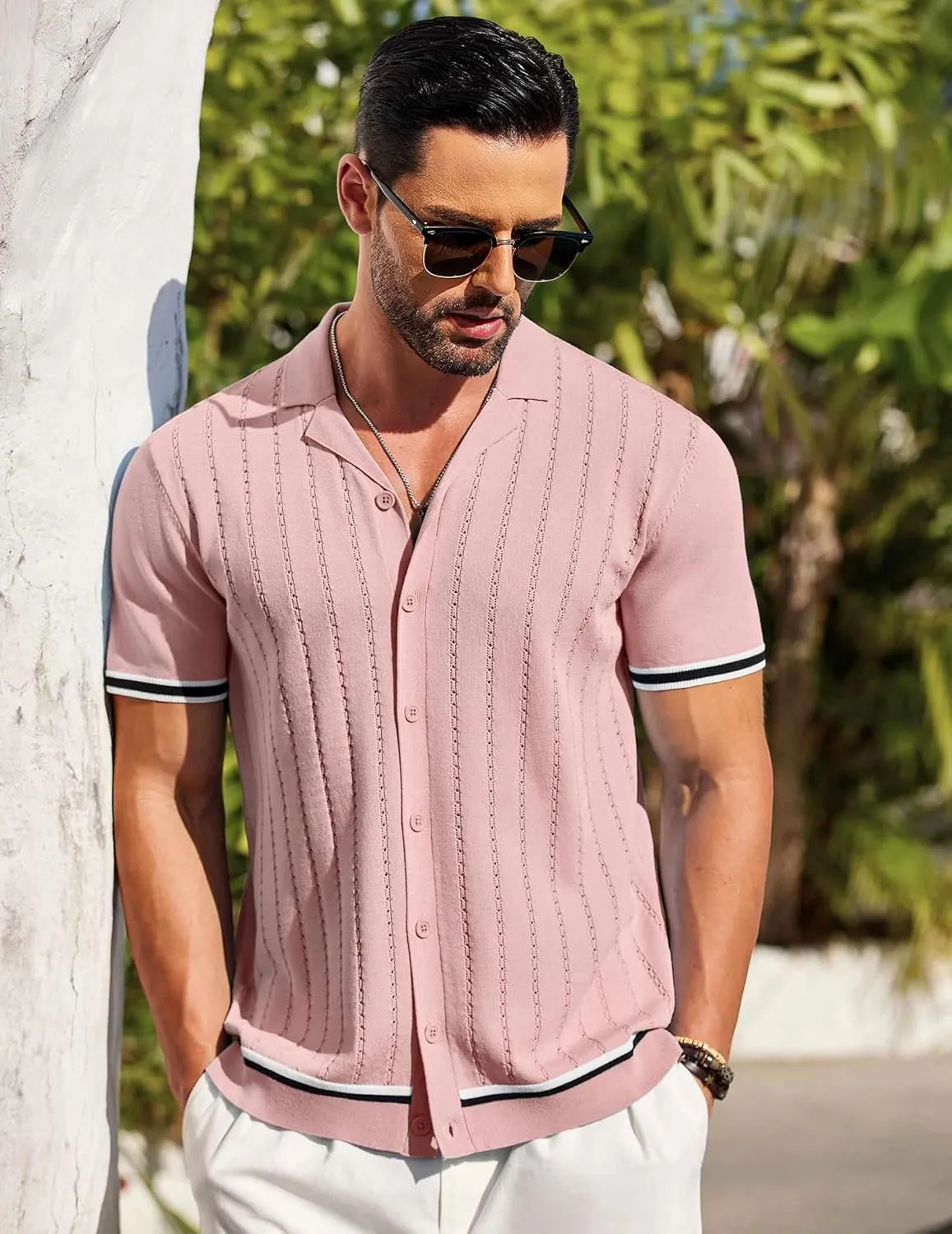 COOFANDY Men's Short Sleeve Knit Shirt Casual Button Down Shirt Vintage Striped Knitted Golf Beach Tops