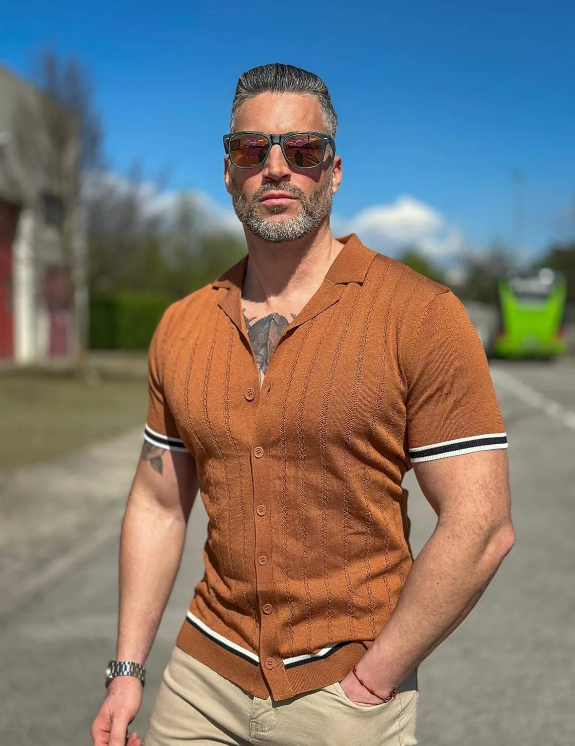 COOFANDY Men's Short Sleeve Knit Shirt Casual Button Down Shirt Vintage Striped Knitted Golf Beach Tops