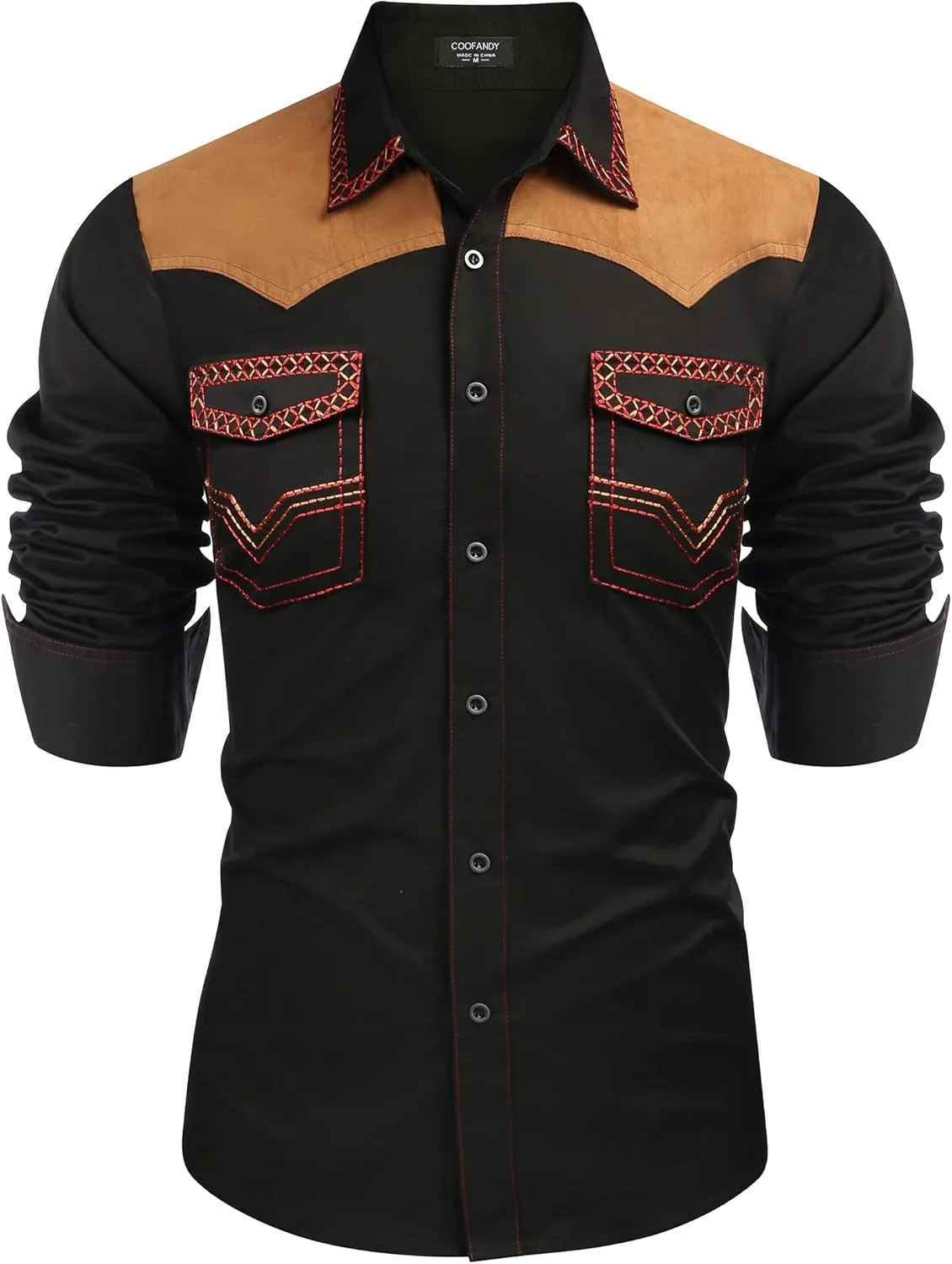 COOFANDY Men's Western Cowboy Shirt Embroidered Long Sleeve Slim Fit Casual Cotton Button Down Hippie Shirts with Pockets