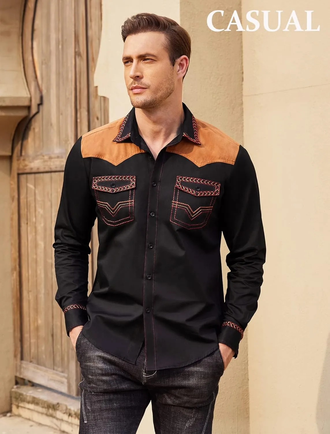 COOFANDY Men's Western Cowboy Shirt Embroidered Long Sleeve Slim Fit Casual Cotton Button Down Hippie Shirts with Pockets