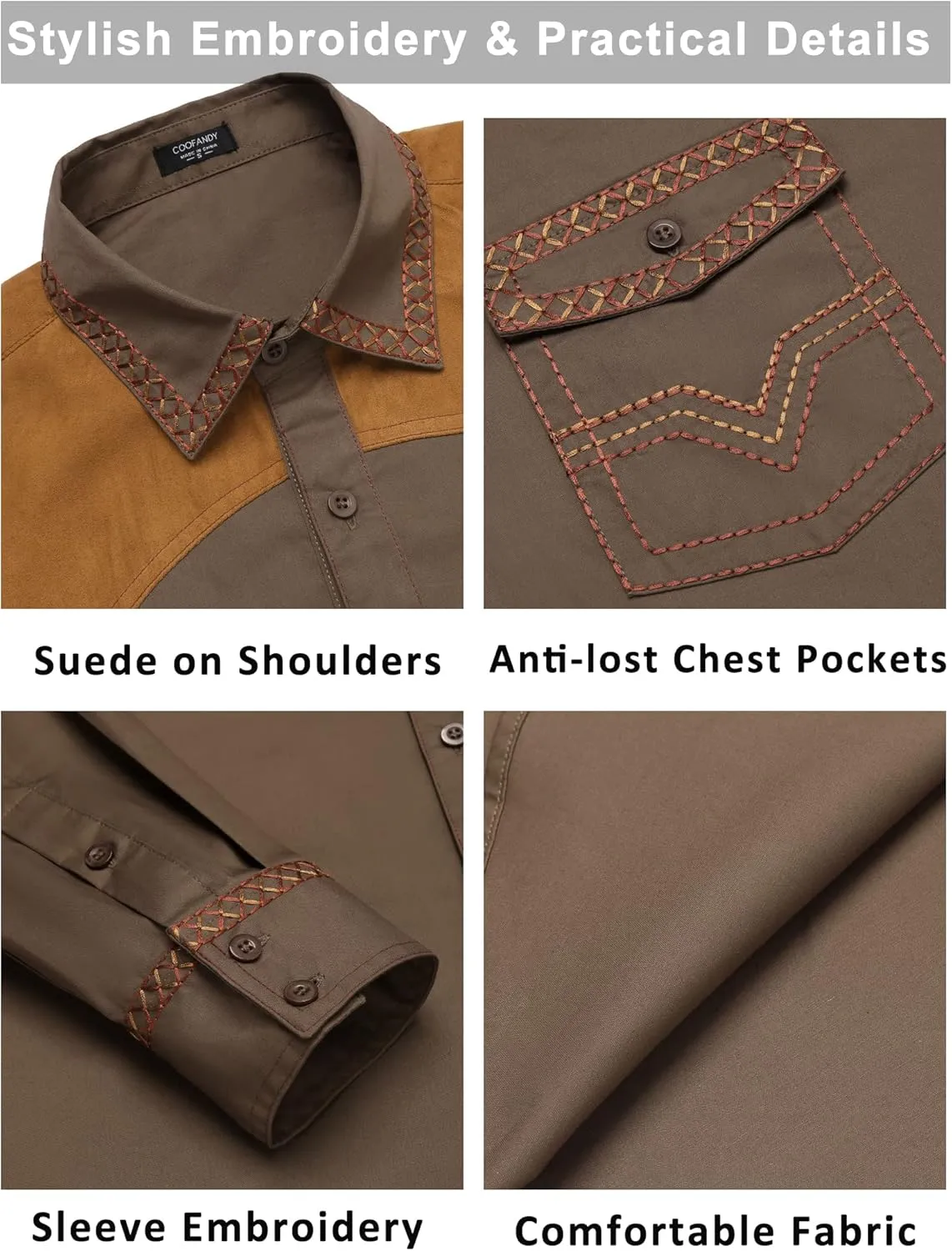 COOFANDY Men's Western Cowboy Shirt Embroidered Long Sleeve Slim Fit Casual Cotton Button Down Hippie Shirts with Pockets