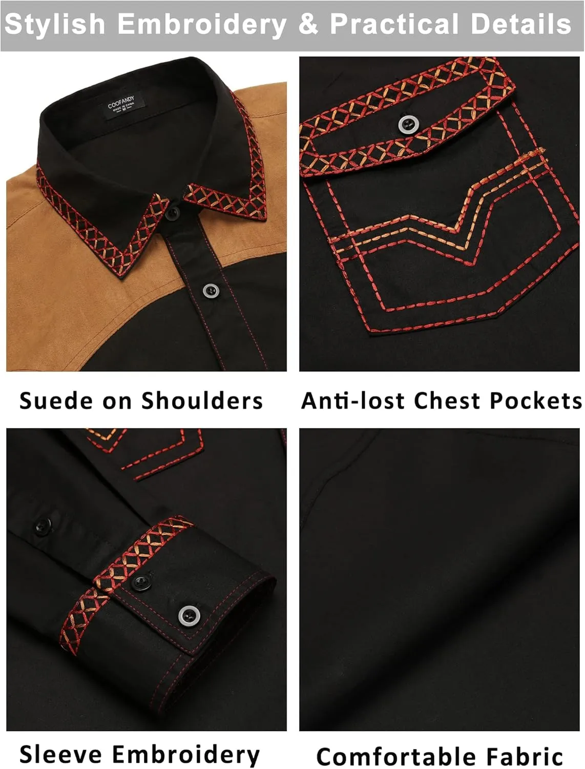 COOFANDY Men's Western Cowboy Shirt Embroidered Long Sleeve Slim Fit Casual Cotton Button Down Hippie Shirts with Pockets