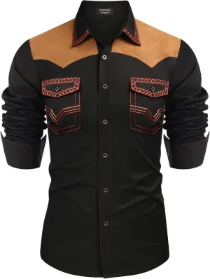COOFANDY Men's Western Cowboy Shirt Embroidered Long Sleeve Slim Fit Casual Cotton Button Down Hippie Shirts with Pockets