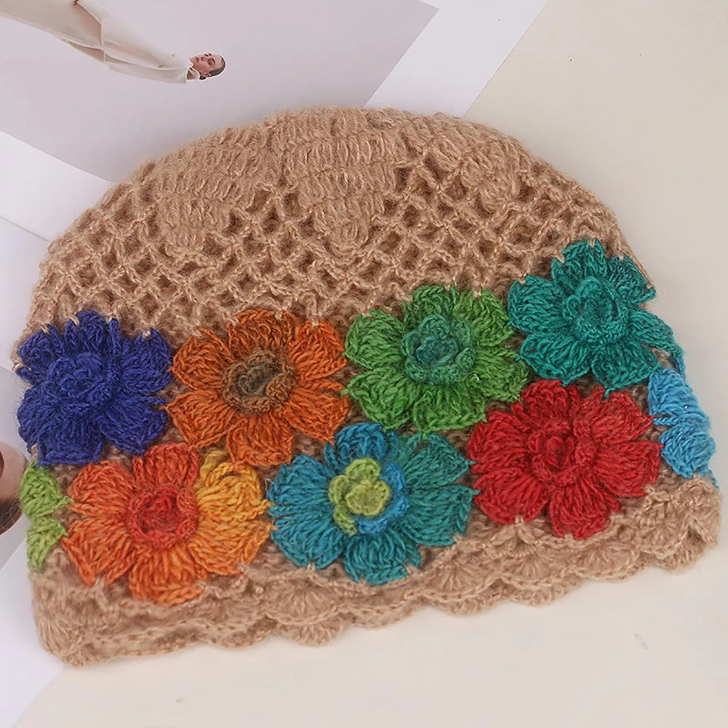 CORIRESHA Women's Boho Crochet Flower Beanie Handmade Cotton Hollow Out Y2k Summer Hat