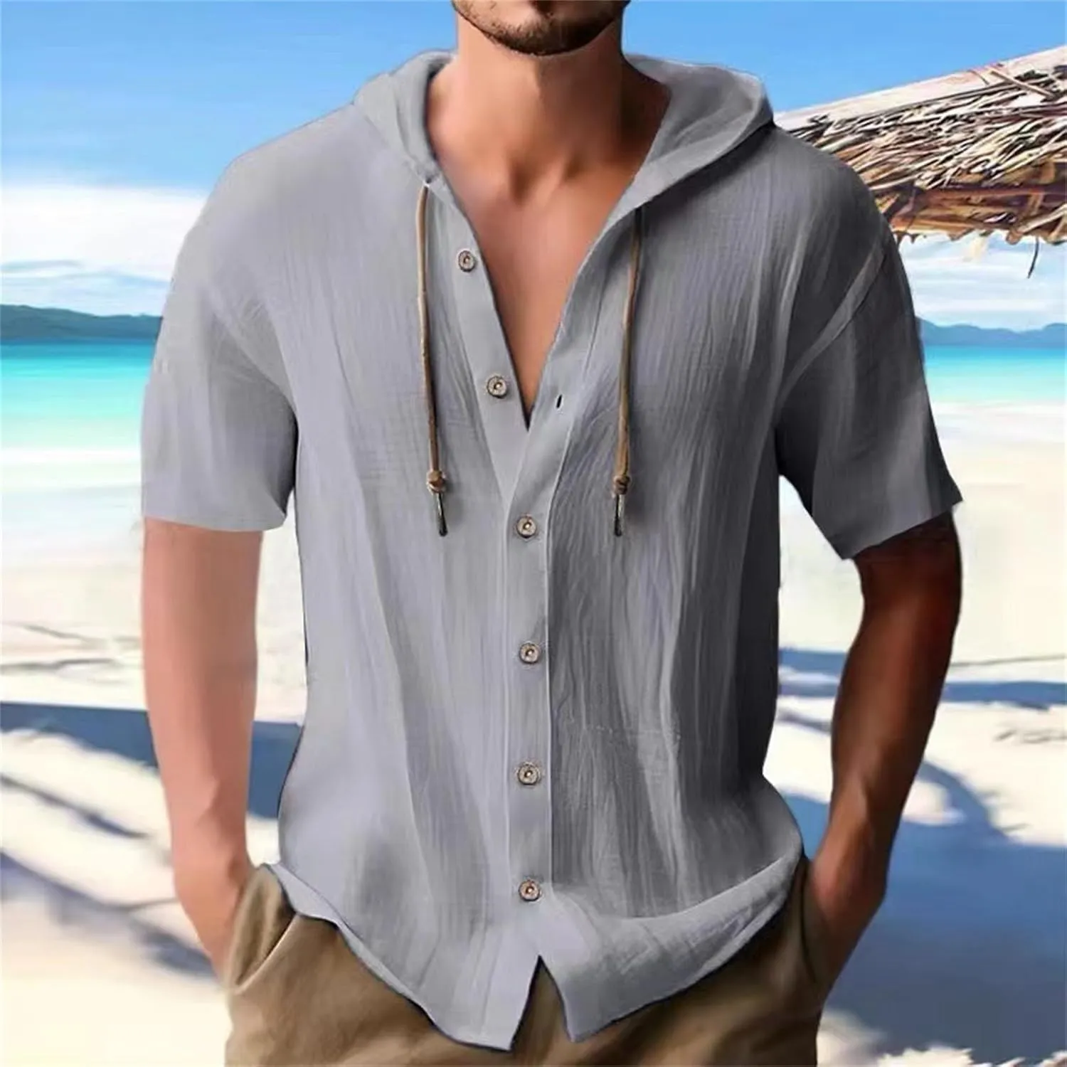 Cotton Hoodie Men Long Sleeve Hooded Beach Summer Lightweight Shirt Button Down Casual Oversized Workout Running Shirts