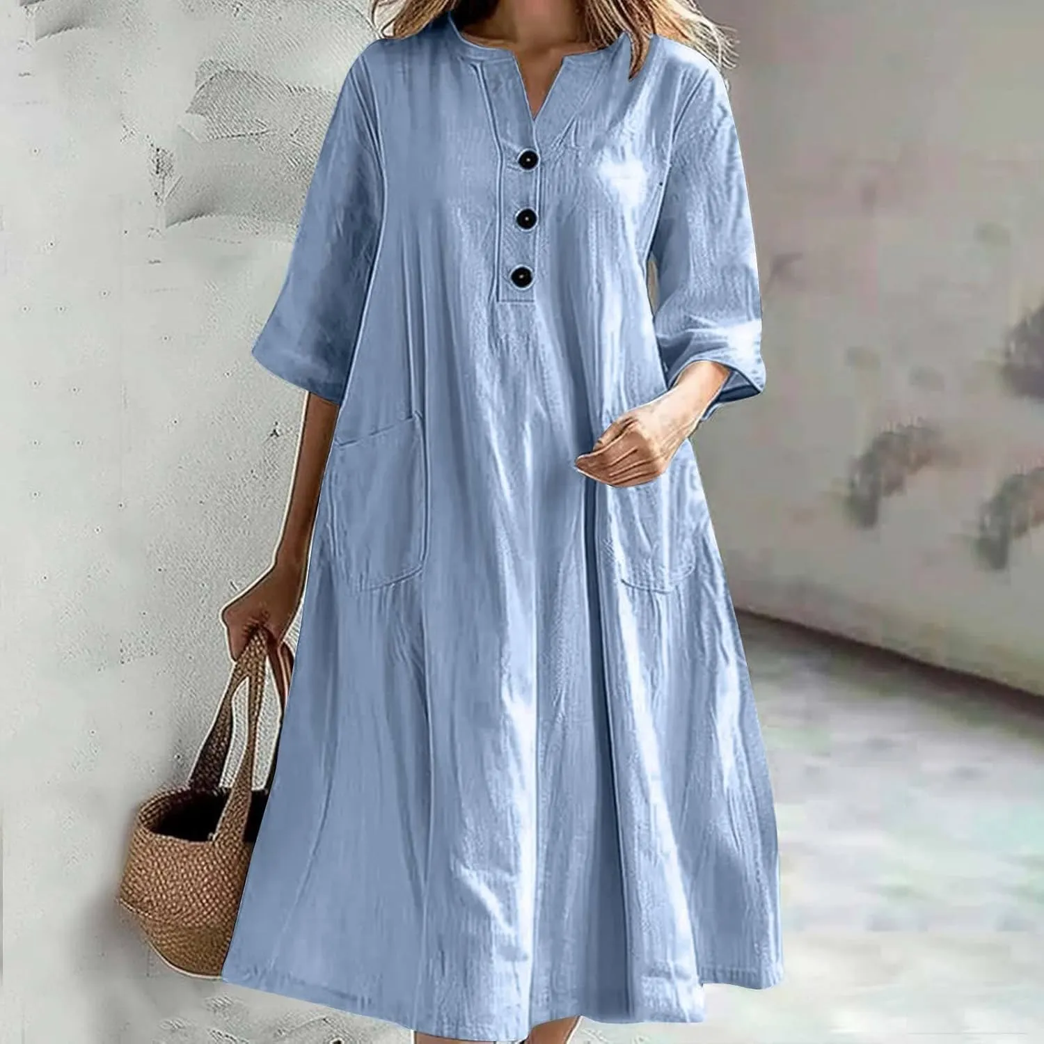 Cotton Linen Dress for Women, Neck Button Oversize A-line Swing Hem Casual Summer Short Sleeve Mid Length Dress