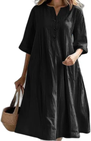Cotton Linen Dress for Women, Neck Button Oversize A-line Swing Hem Casual Summer Short Sleeve Mid Length Dress