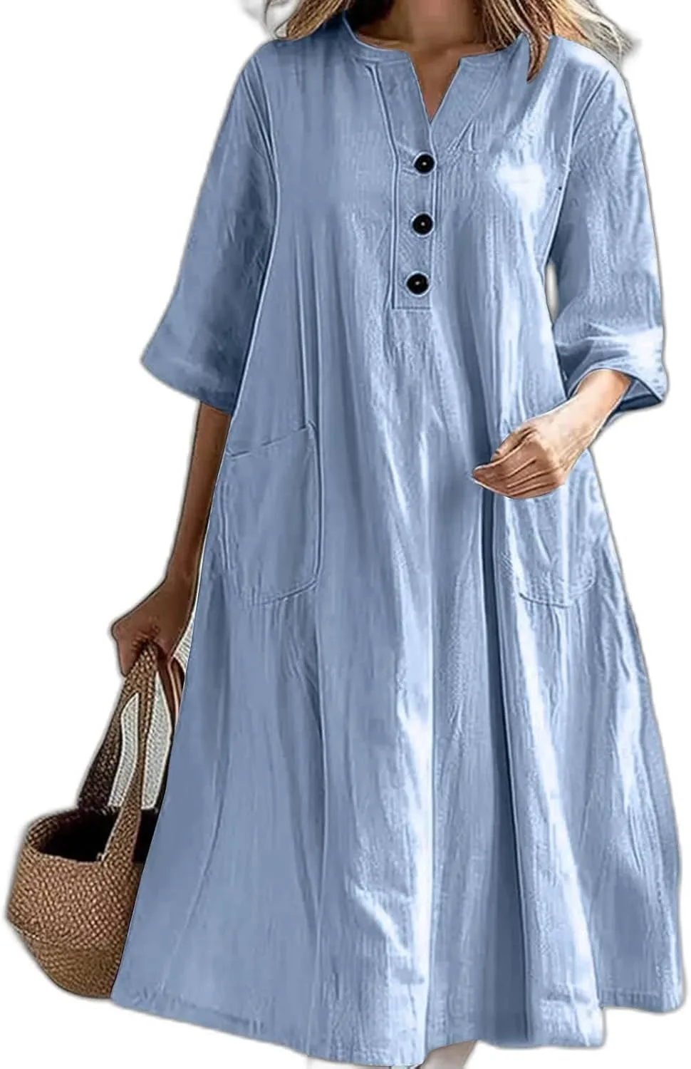 Cotton Linen Dress for Women, Neck Button Oversize A-line Swing Hem Casual Summer Short Sleeve Mid Length Dress
