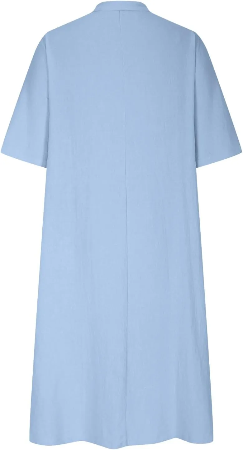 Cotton Linen Dress for Women, Neck Button Oversize A-line Swing Hem Casual Summer Short Sleeve Mid Length Dress