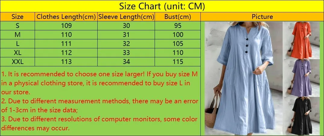 Cotton Linen Dress for Women, Neck Button Oversize A-line Swing Hem Casual Summer Short Sleeve Mid Length Dress