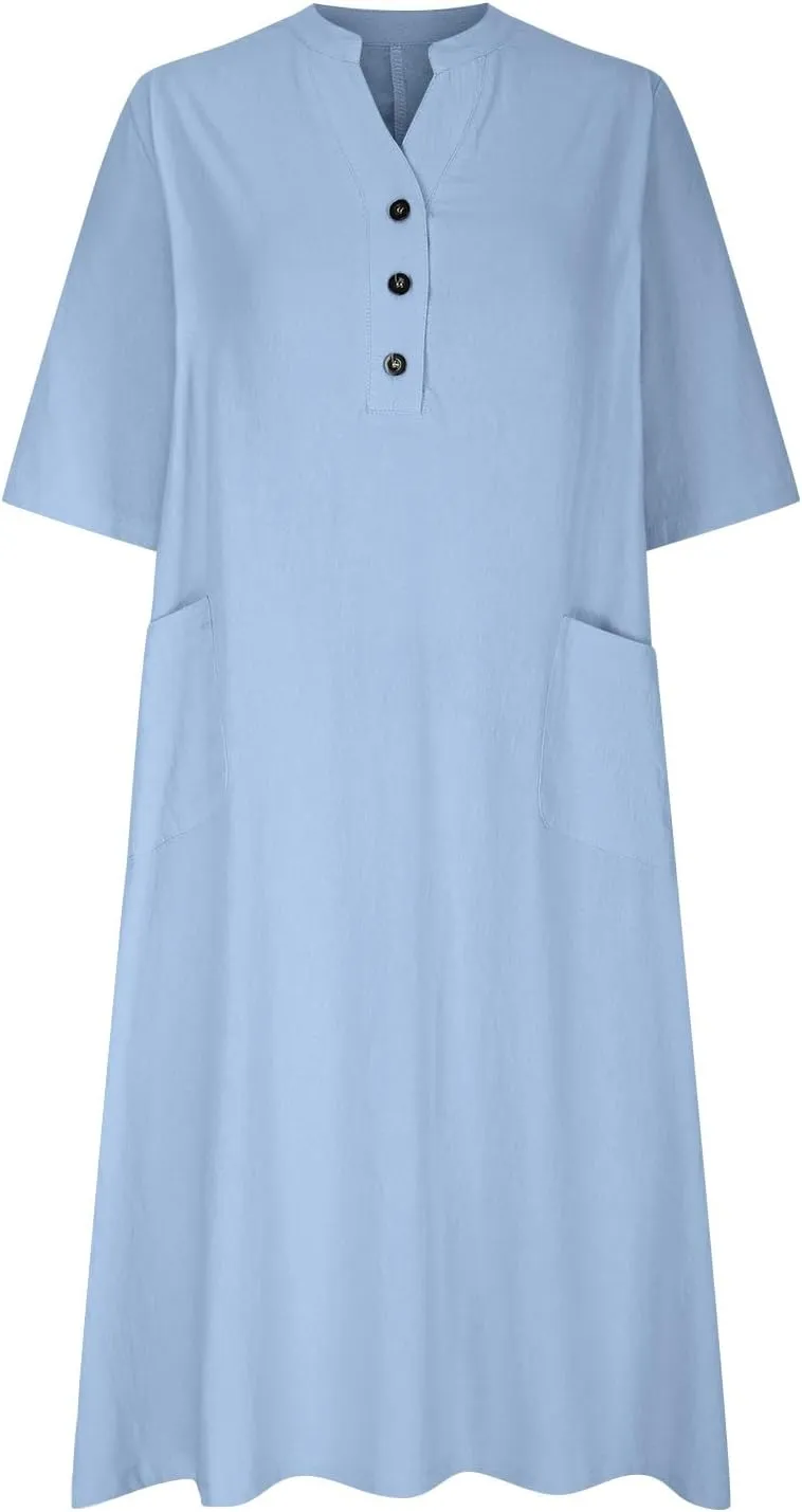 Cotton Linen Dress for Women, Neck Button Oversize A-line Swing Hem Casual Summer Short Sleeve Mid Length Dress