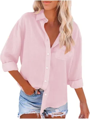 Cotton Linen Shirts for Women Long Sleeve Button Down Oversized Tshirts with Pockets Summer Beach Loose Gauze Tunic