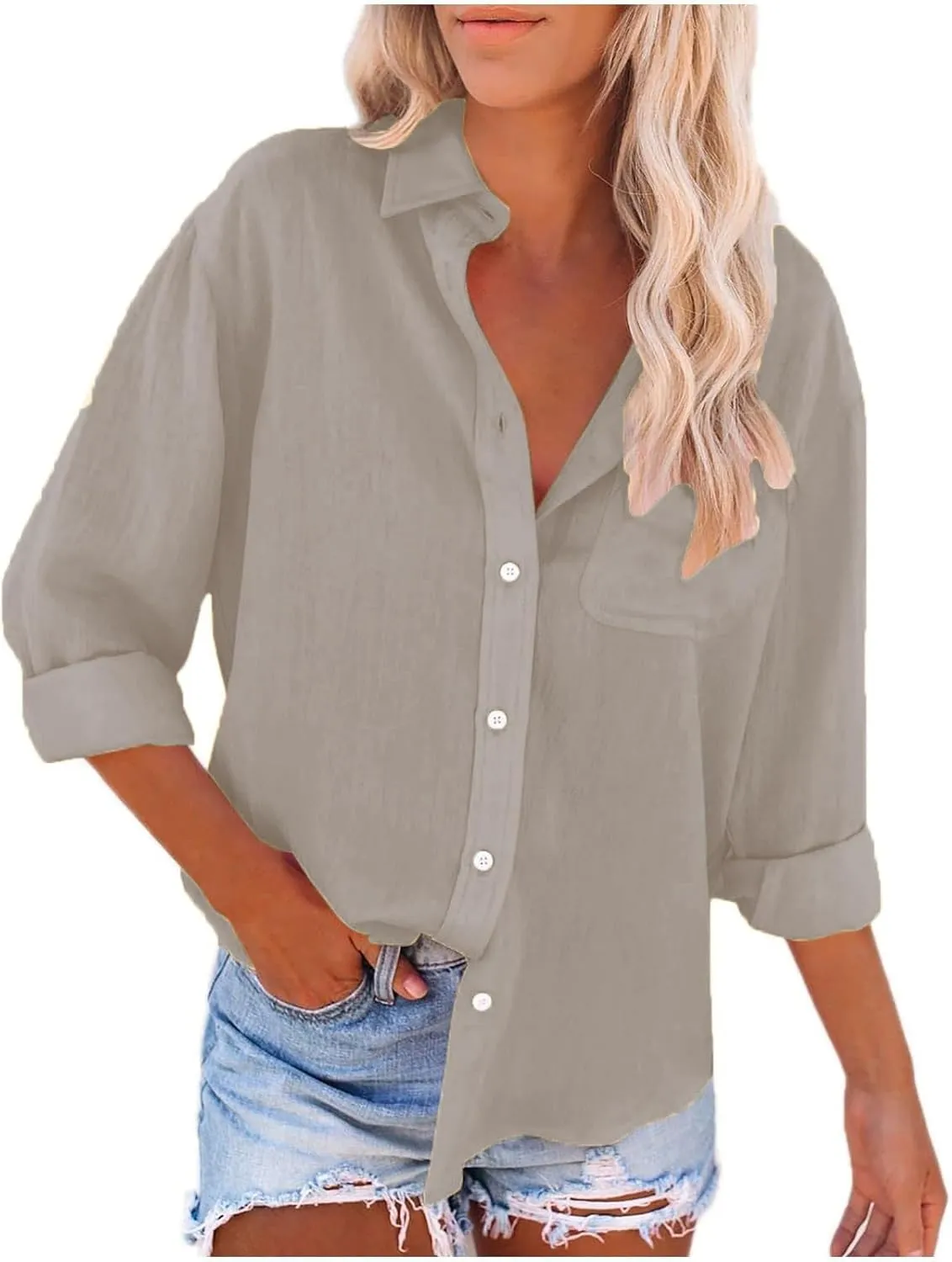 Cotton Linen Shirts for Women Long Sleeve Button Down Oversized Tshirts with Pockets Summer Beach Loose Gauze Tunic