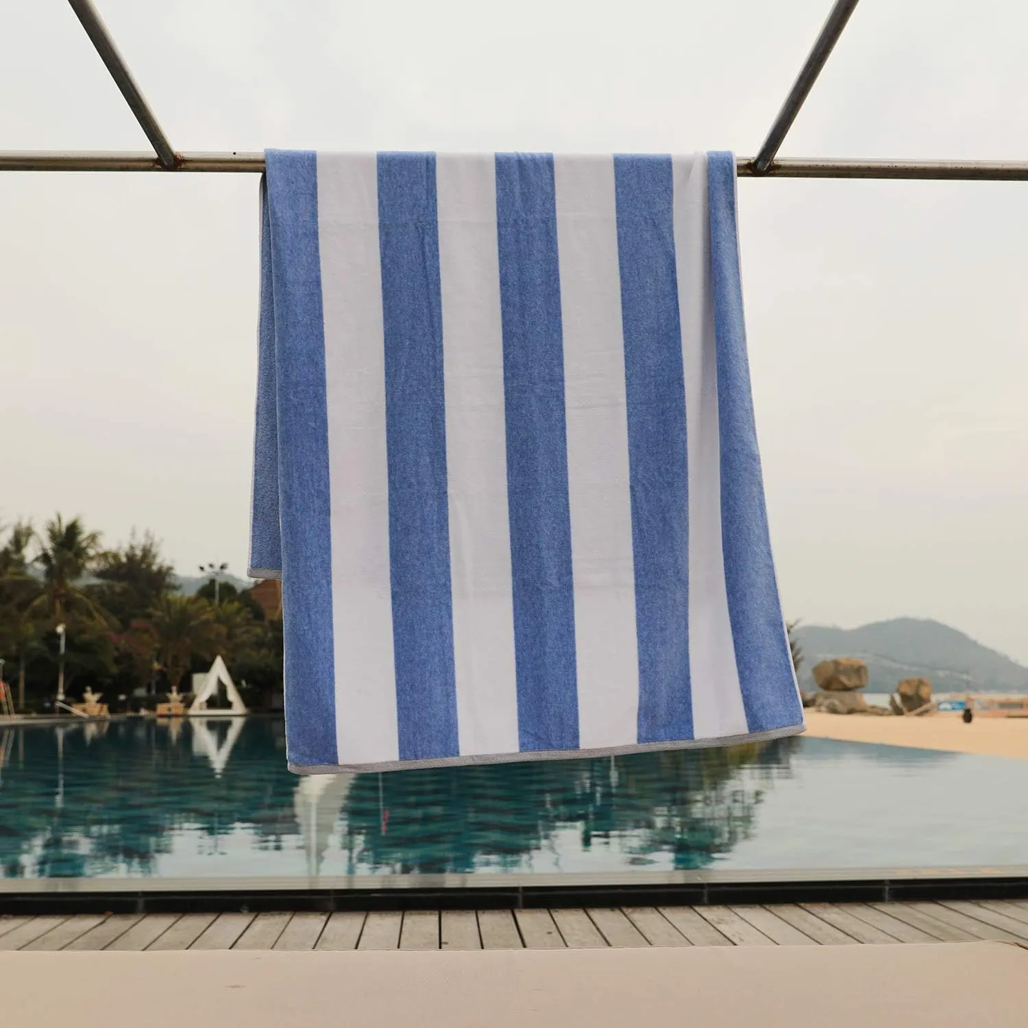 Cotton Oversized Beach Towel - Large 70 x 35 Inch Pool Towel, Blue Striped Quick Dry Swimming Cabana Towel