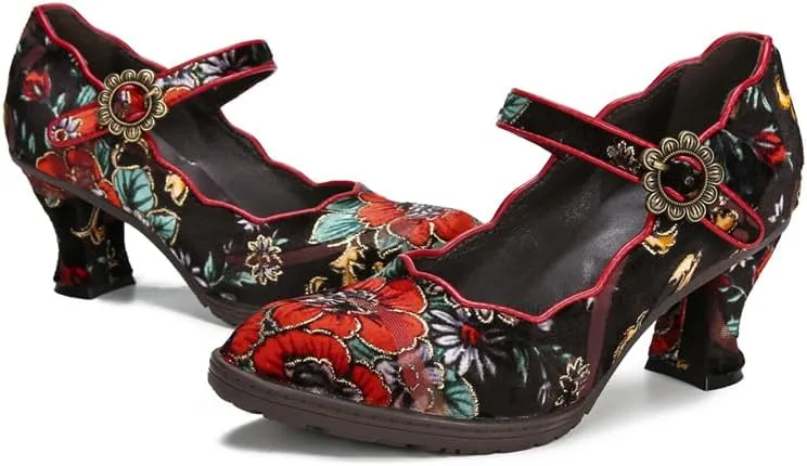 CrazycatZ Leather Mary Jane Shoes,Womens Patchword Pumps Vintage Mary Jane Shoes