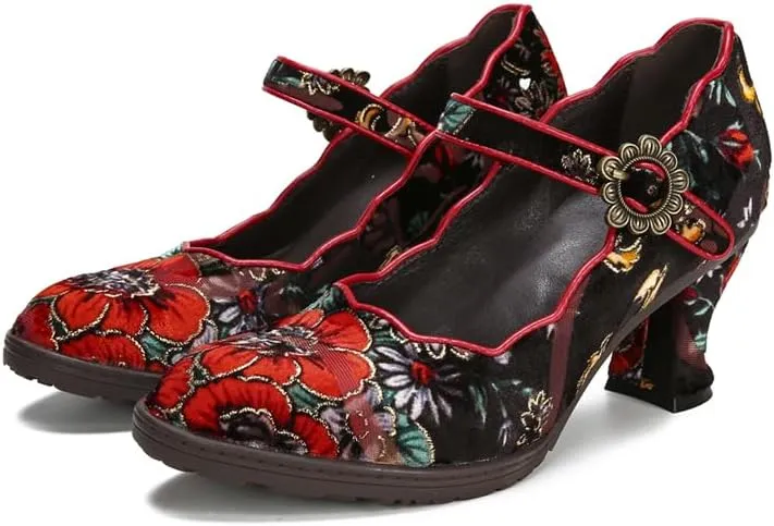 CrazycatZ Leather Mary Jane Shoes,Womens Patchword Pumps Vintage Mary Jane Shoes