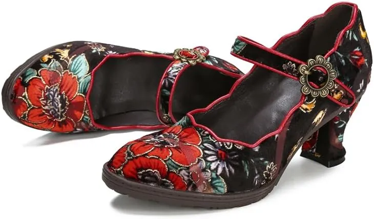 CrazycatZ Leather Mary Jane Shoes,Womens Patchword Pumps Vintage Mary Jane Shoes