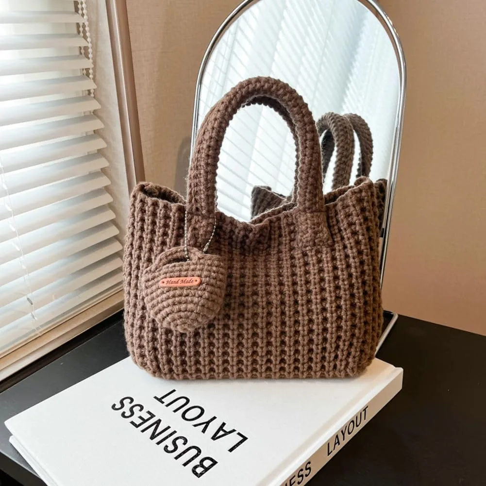 Crochet Tote Bag for Women with Wallet Small Cute Handbag Knitted Handle Bag Clutch Pouch Winter Knit Purse
