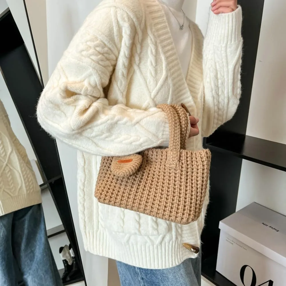 Crochet Tote Bag for Women with Wallet Small Cute Handbag Knitted Handle Bag Clutch Pouch Winter Knit Purse