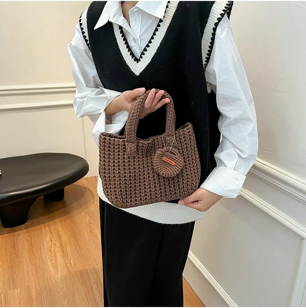 Crochet Tote Bag for Women with Wallet Small Cute Handbag Knitted Handle Bag Clutch Pouch Winter Knit Purse