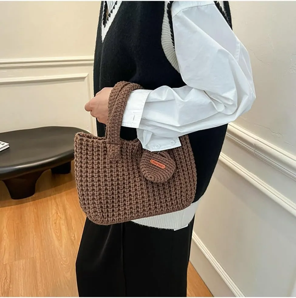 Crochet Tote Bag for Women with Wallet Small Cute Handbag Knitted Handle Bag Clutch Pouch Winter Knit Purse