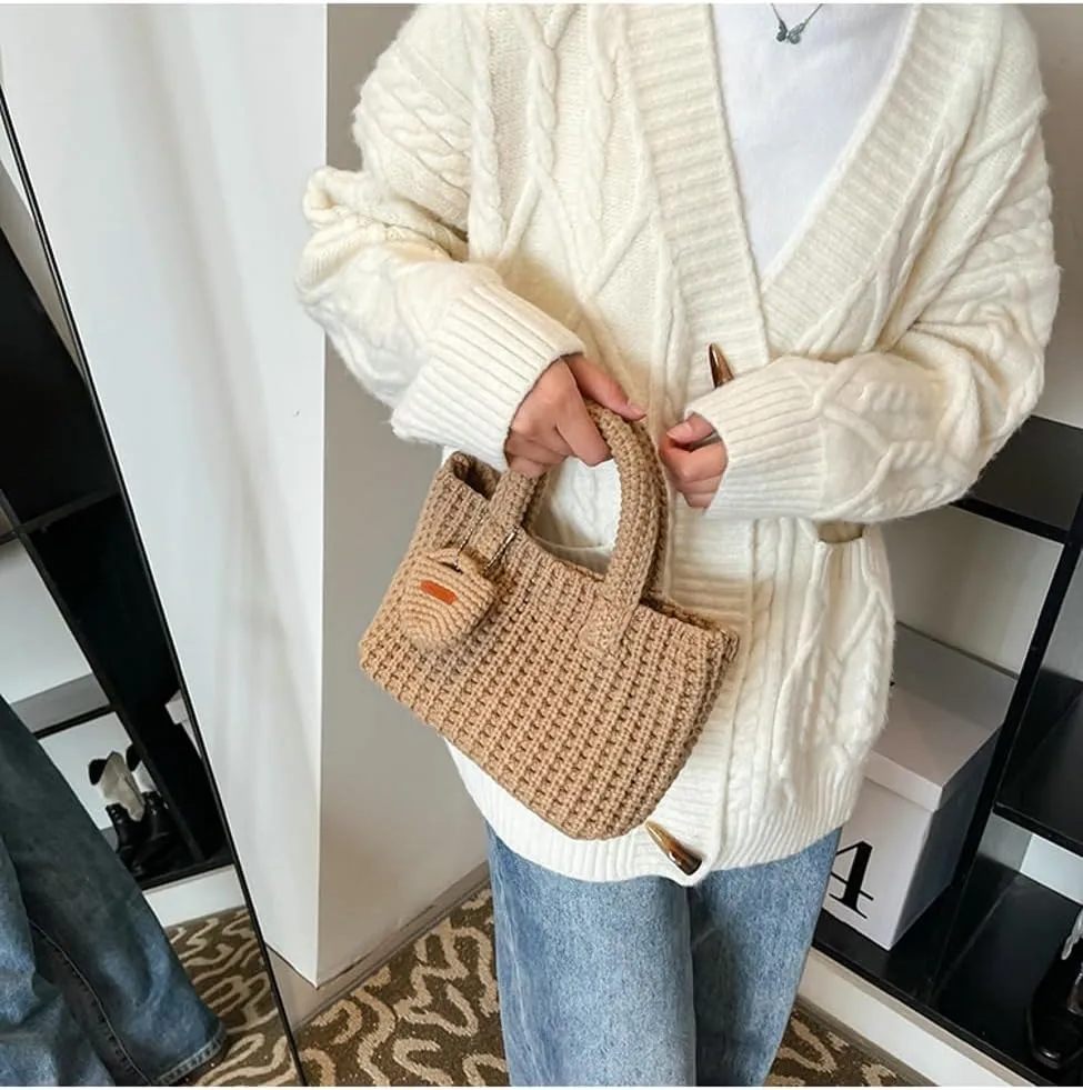 Crochet Tote Bag for Women with Wallet Small Cute Handbag Knitted Handle Bag Clutch Pouch Winter Knit Purse