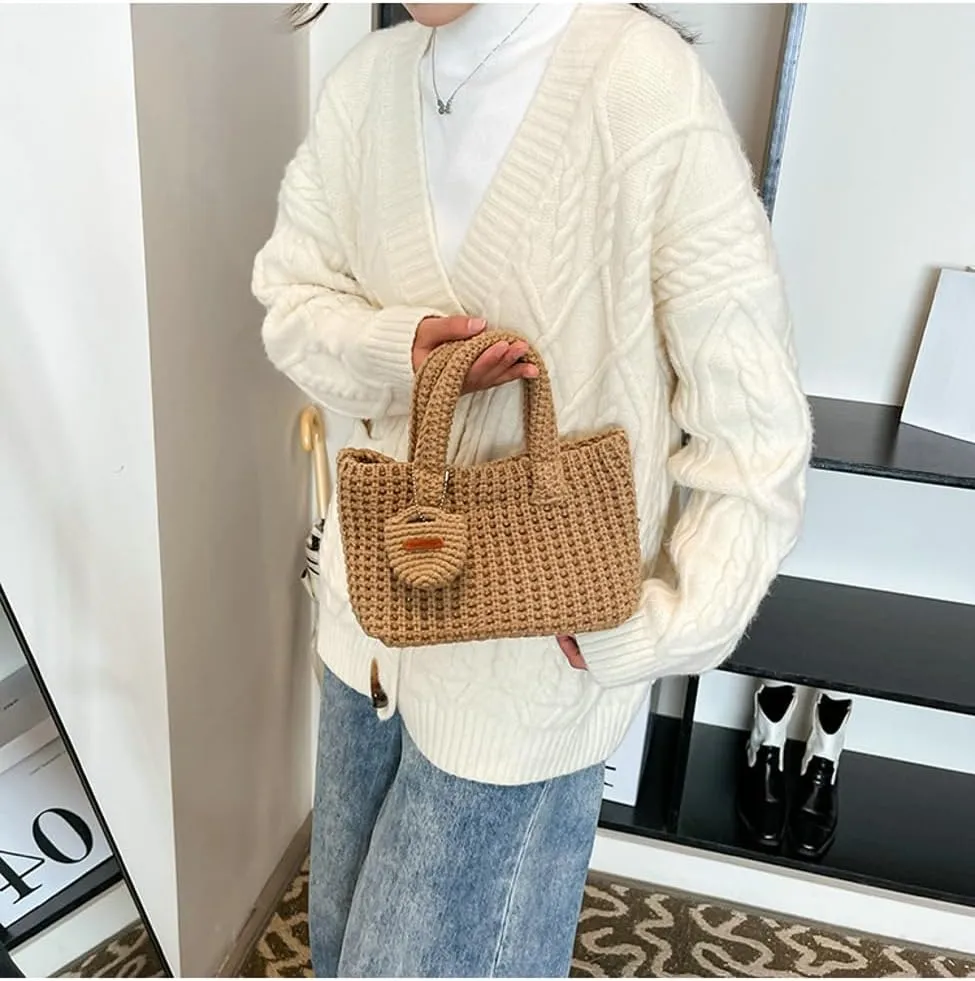 Crochet Tote Bag for Women with Wallet Small Cute Handbag Knitted Handle Bag Clutch Pouch Winter Knit Purse