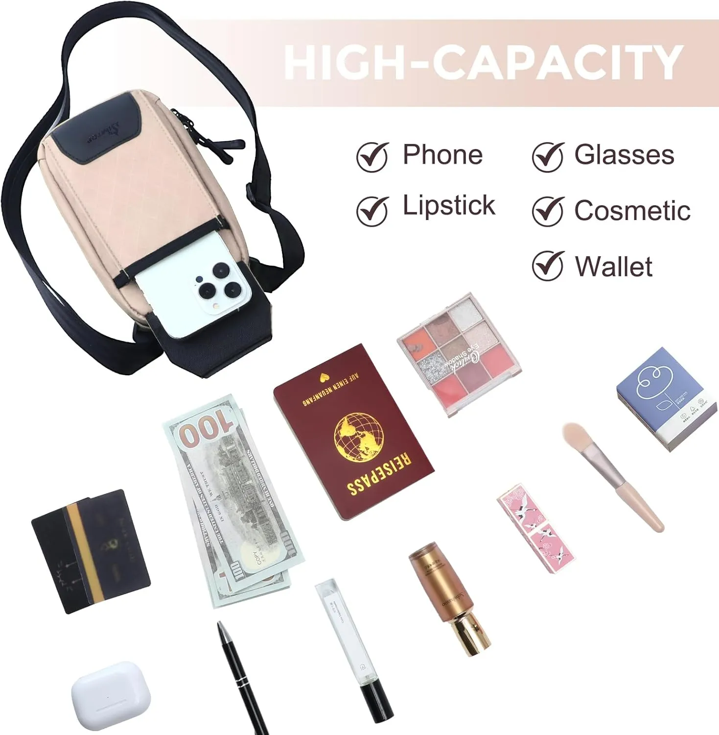 Crossbody Bags for Women Cell Phone Crossbody Wallet Purses Nylon Diamond Quilted Fabric Shoulder Strap Waterproof Zipper