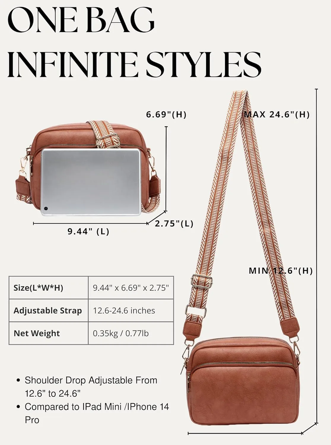 Crossbody Bags for Women, Small Cross Body Purse Vegan Leather Triple Zip Shoulder Handbag with Adjustable Wide Strap