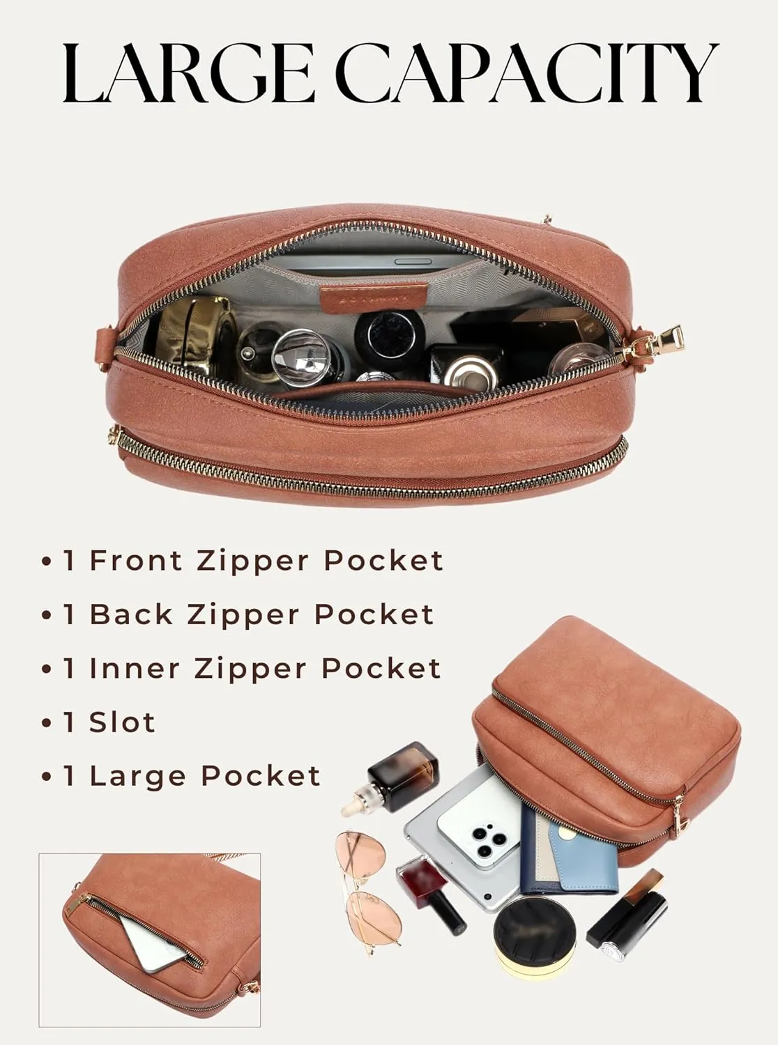 Crossbody Bags for Women, Small Cross Body Purse Vegan Leather Triple Zip Shoulder Handbag with Adjustable Wide Strap