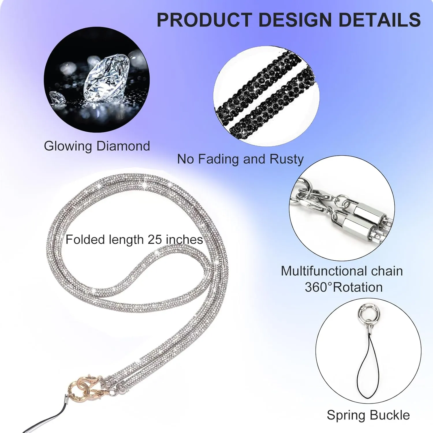 Crossbody for Phone Lanyard Chain Water Diamond Universal Lanyard Suitable for most mobile phones and bags (Champagne Gold)