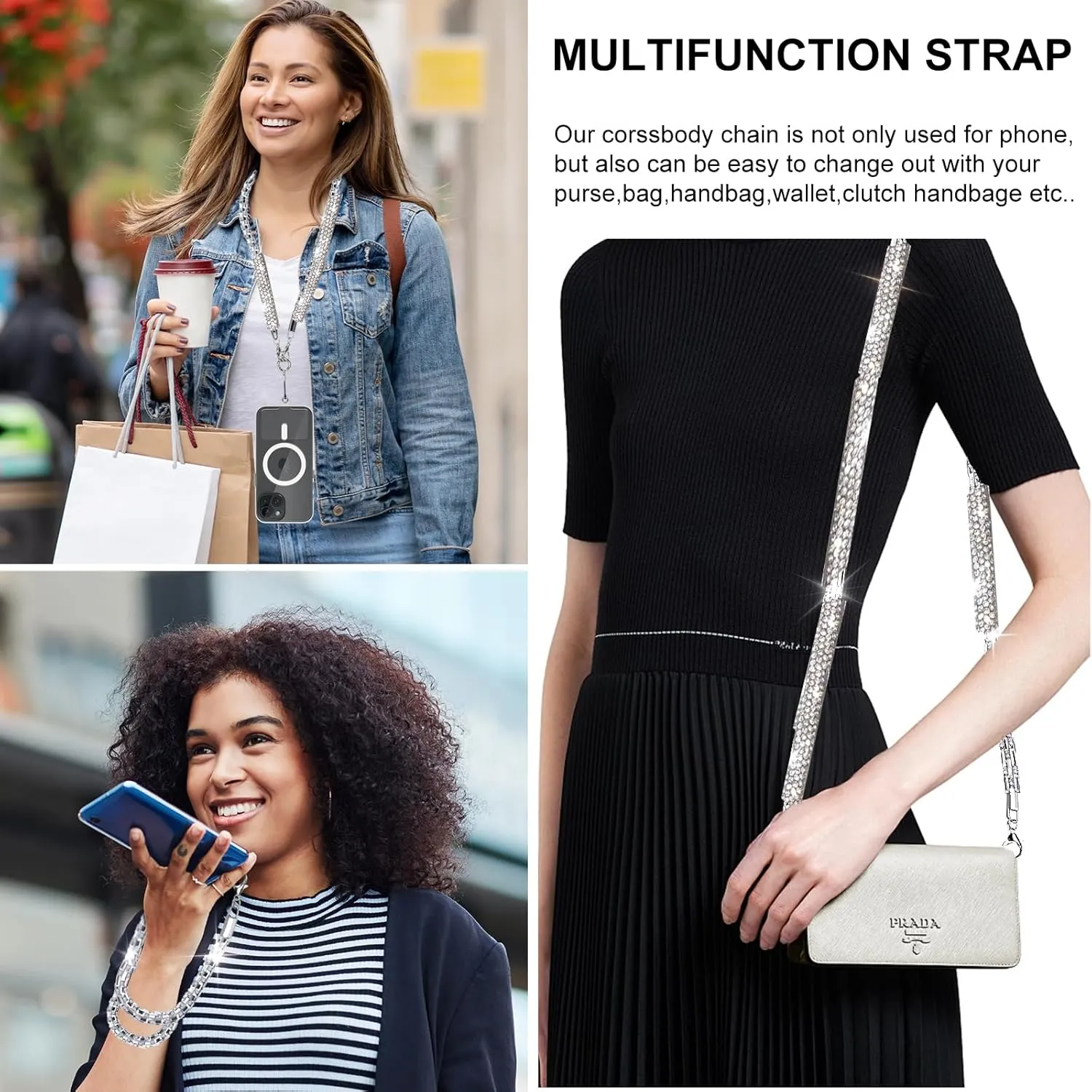 Crossbody for Phone Lanyard Chain Water Diamond Universal Lanyard Suitable for most mobile phones and bags (Champagne Gold)
