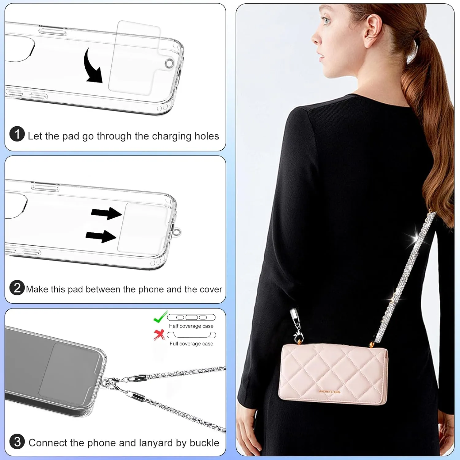 Crossbody for Phone Lanyard Chain Water Diamond Universal Lanyard Suitable for most mobile phones and bags (Champagne Gold)