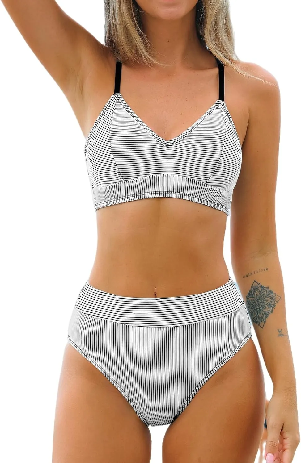 CUPSHE Women's Bikini Sets Two Piece Swimsuit High Waisted Striped V Neck Swimwear Back Tie