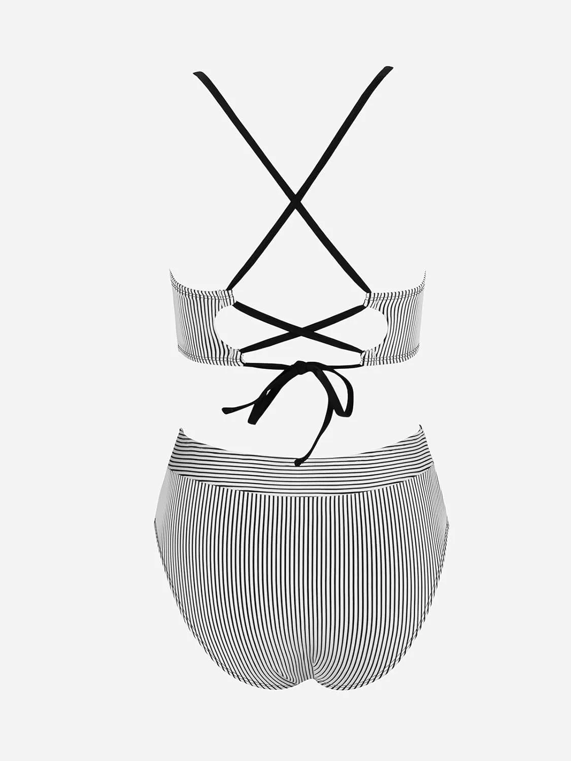 CUPSHE Women's Bikini Sets Two Piece Swimsuit High Waisted Striped V Neck Swimwear Back Tie
