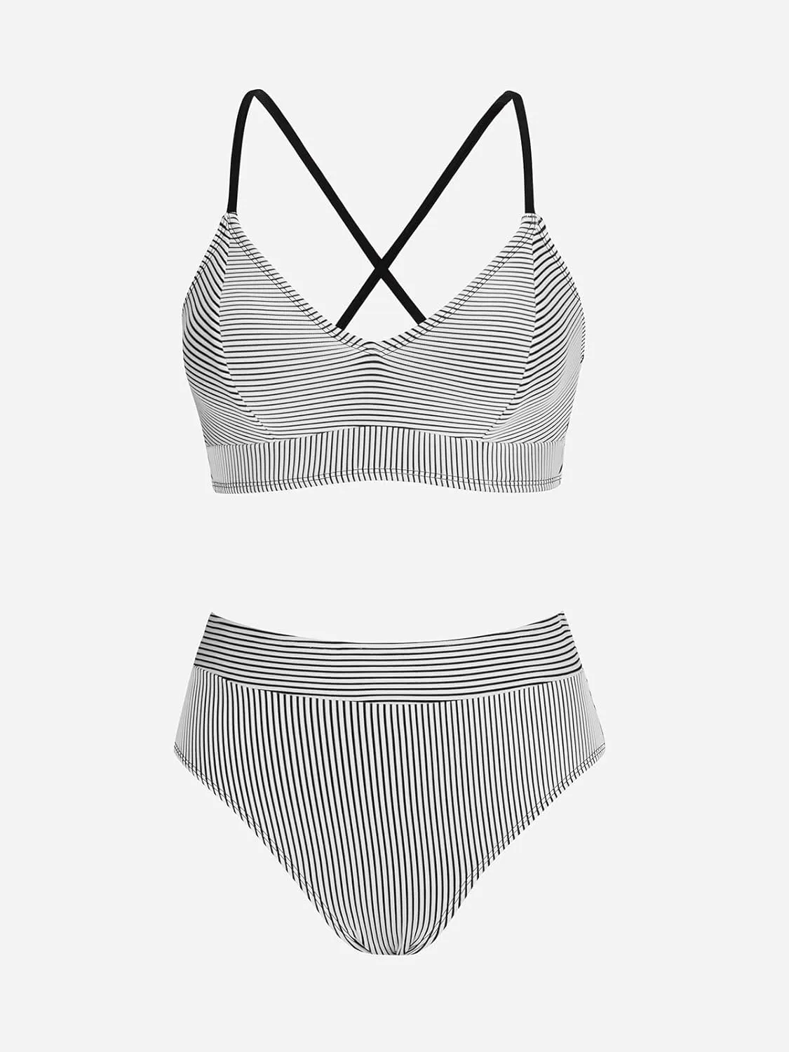 CUPSHE Women's Bikini Sets Two Piece Swimsuit High Waisted Striped V Neck Swimwear Back Tie