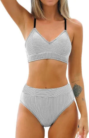 CUPSHE Women's Bikini Sets Two Piece Swimsuit High Waisted Striped V Neck Swimwear Back Tie