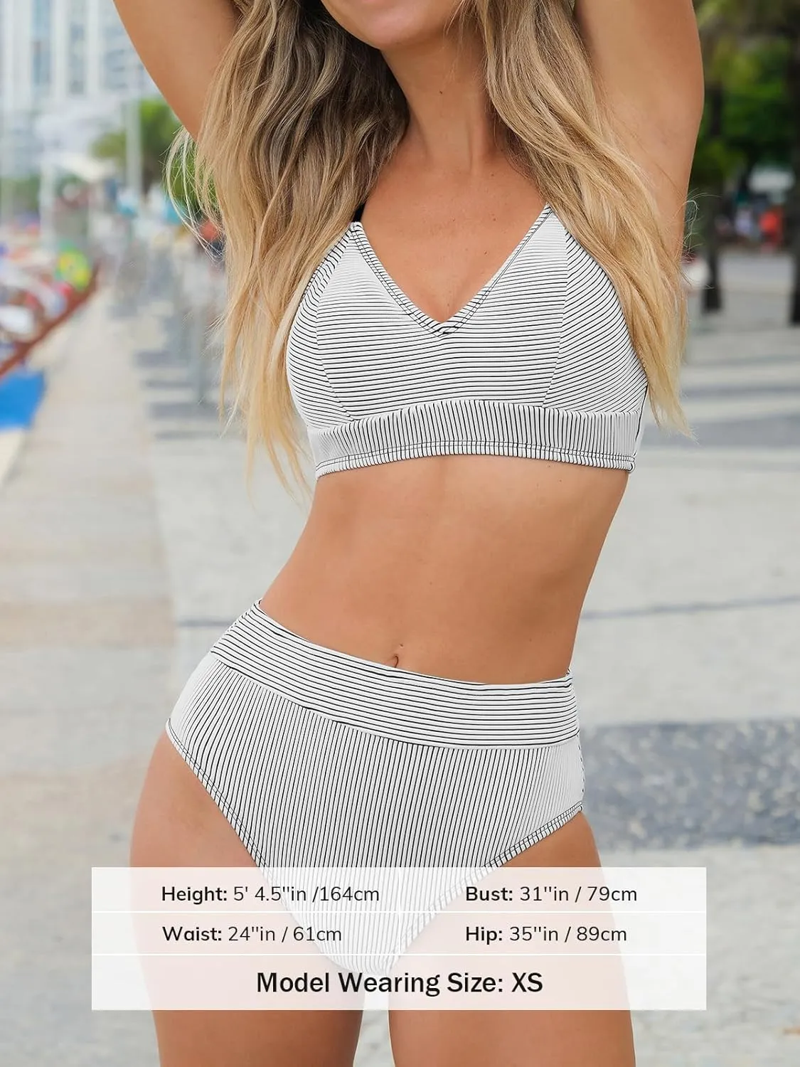 CUPSHE Women's Bikini Sets Two Piece Swimsuit High Waisted Striped V Neck Swimwear Back Tie